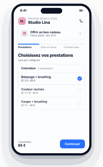 Page de réservation en ligne sur smartphone : choix des prestations et bon cadeau