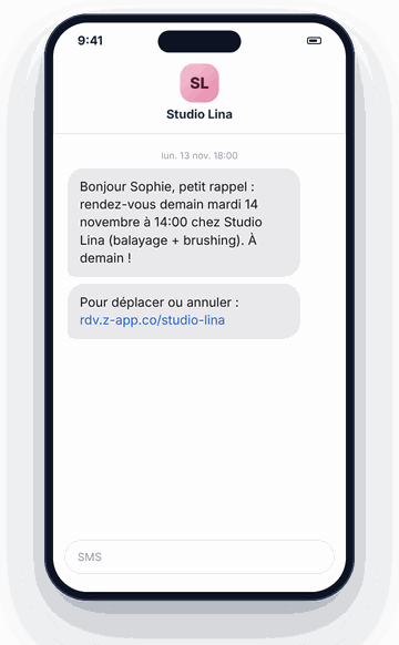 SMS de rappel de rendez-vous reçu la veille par la cliente